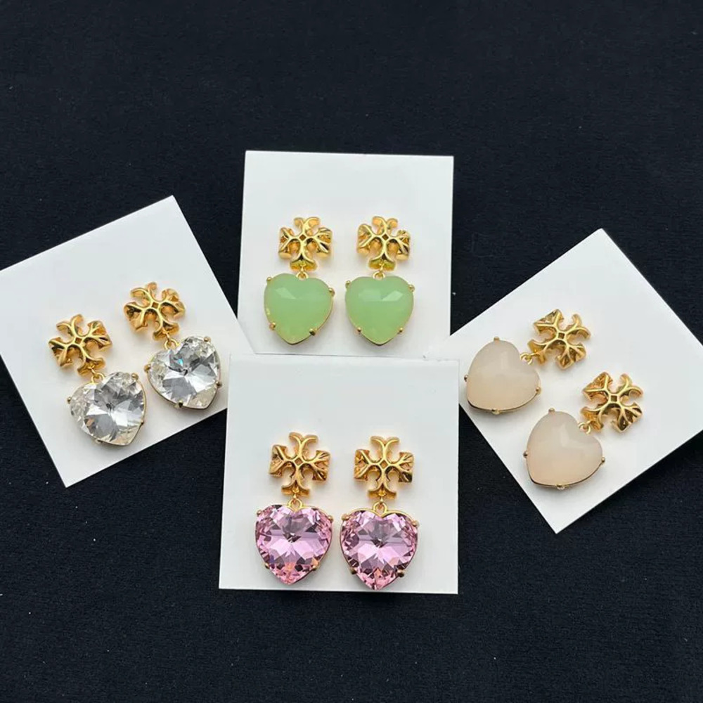 Tory Burch Heart Rhinestone Dangle Earrings Gold Plated Copper